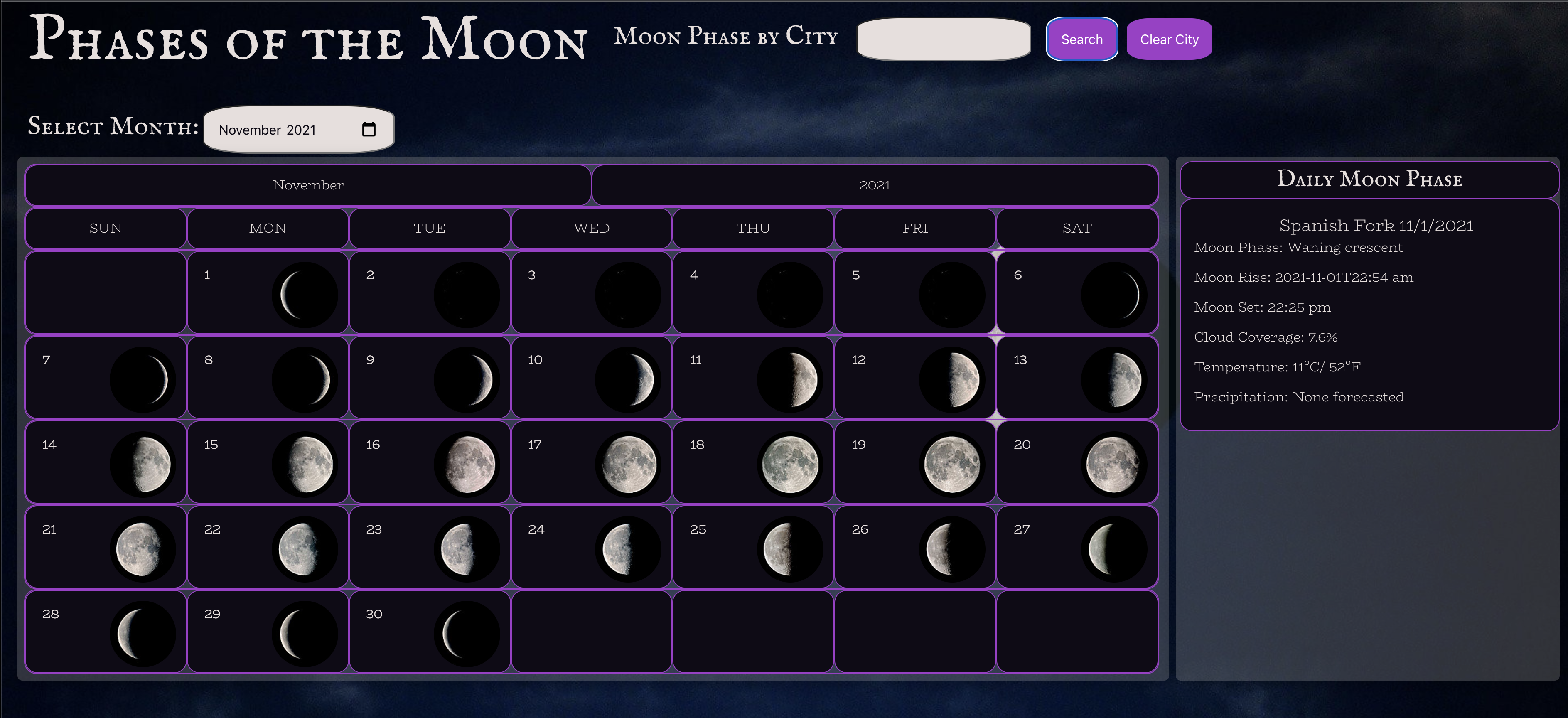 A screencap of the Moon Phases application