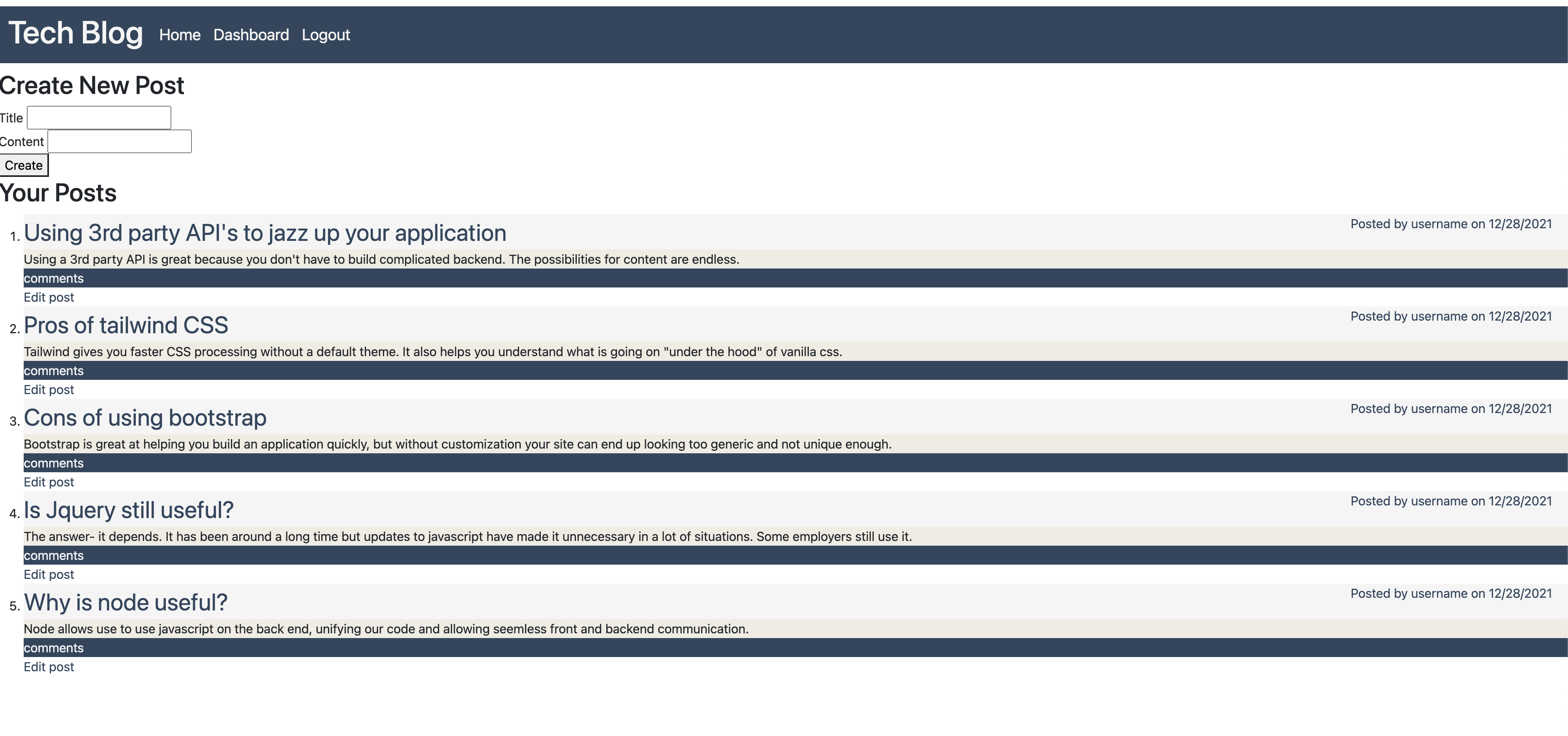 A screenshot of the tech blog application